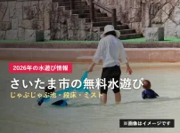 公園の浅い水場で水遊びをする親子のイメージ写真。さいたま市の無料水遊びスポットを紹介する記事のアイキャッチ