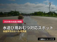 浅い水の広場を歩く幼児の後ろ姿のイメージ写真。水遊び用おむつで入れる埼玉の水遊びスポットを紹介する記事のアイキャッチ