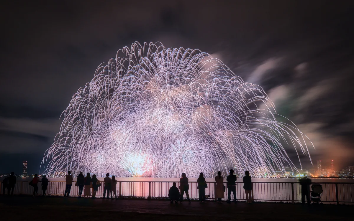 水辺で花火を眺める観客のシルエット