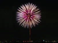 夜空に丸く開くピンク色の大玉花火のイメージ