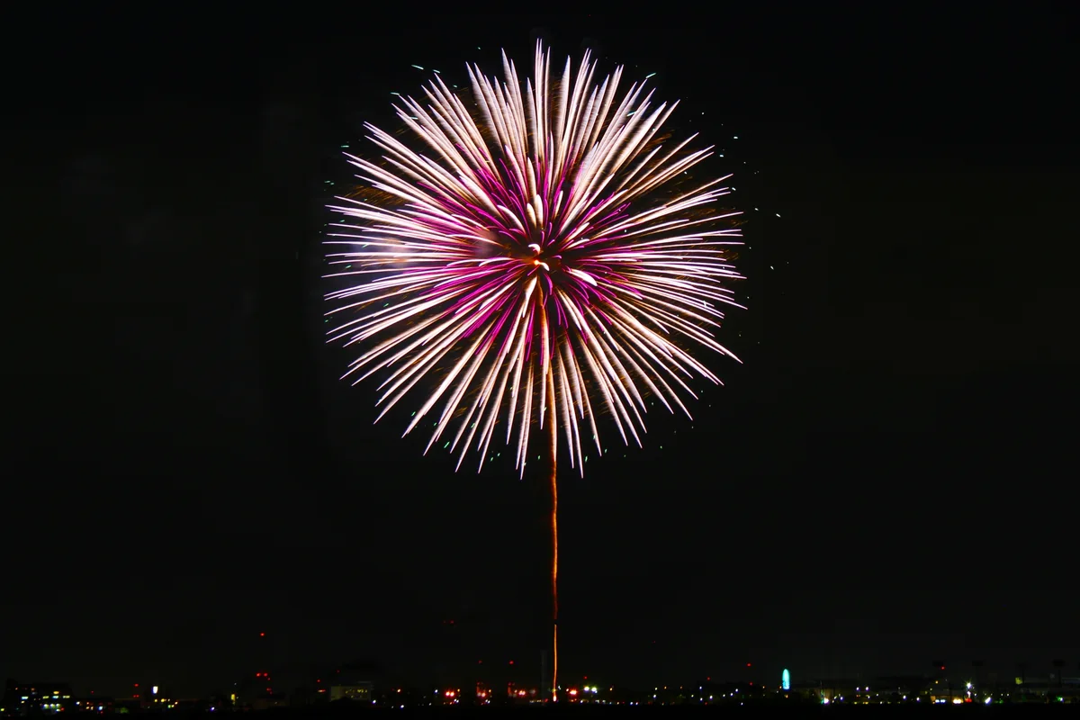 夜空に丸く開くピンク色の大玉花火のイメージ