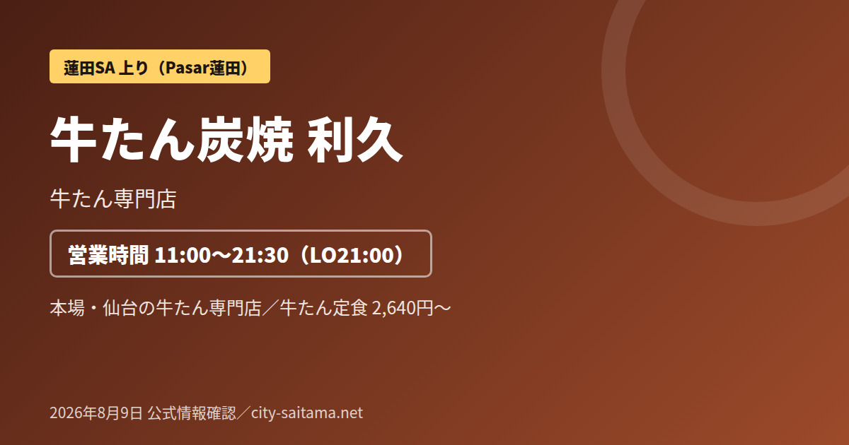 蓮田SA上り・Pasar蓮田の牛たん専門店「牛たん炭焼 利久」の記事アイキャッチ画像