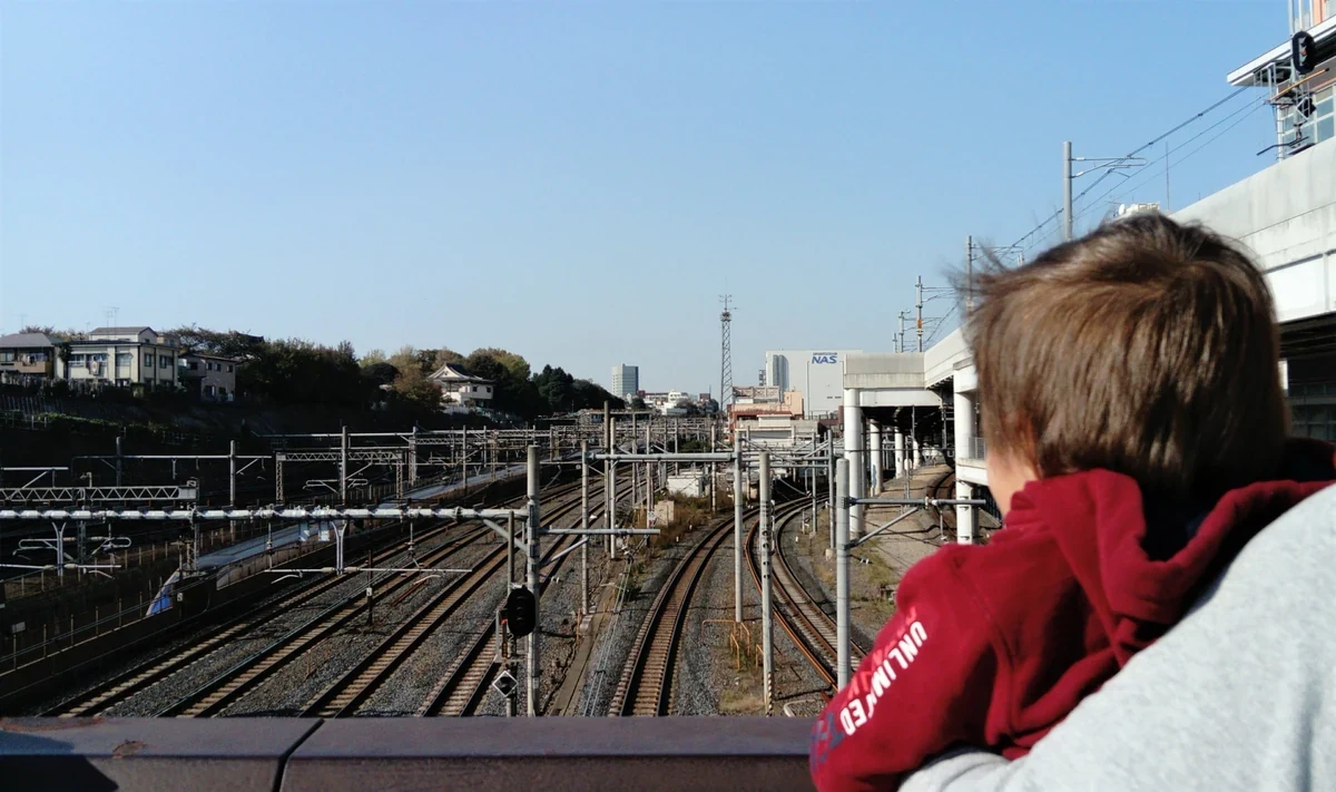 親子で線路と鉄道を眺める様子のイメージ