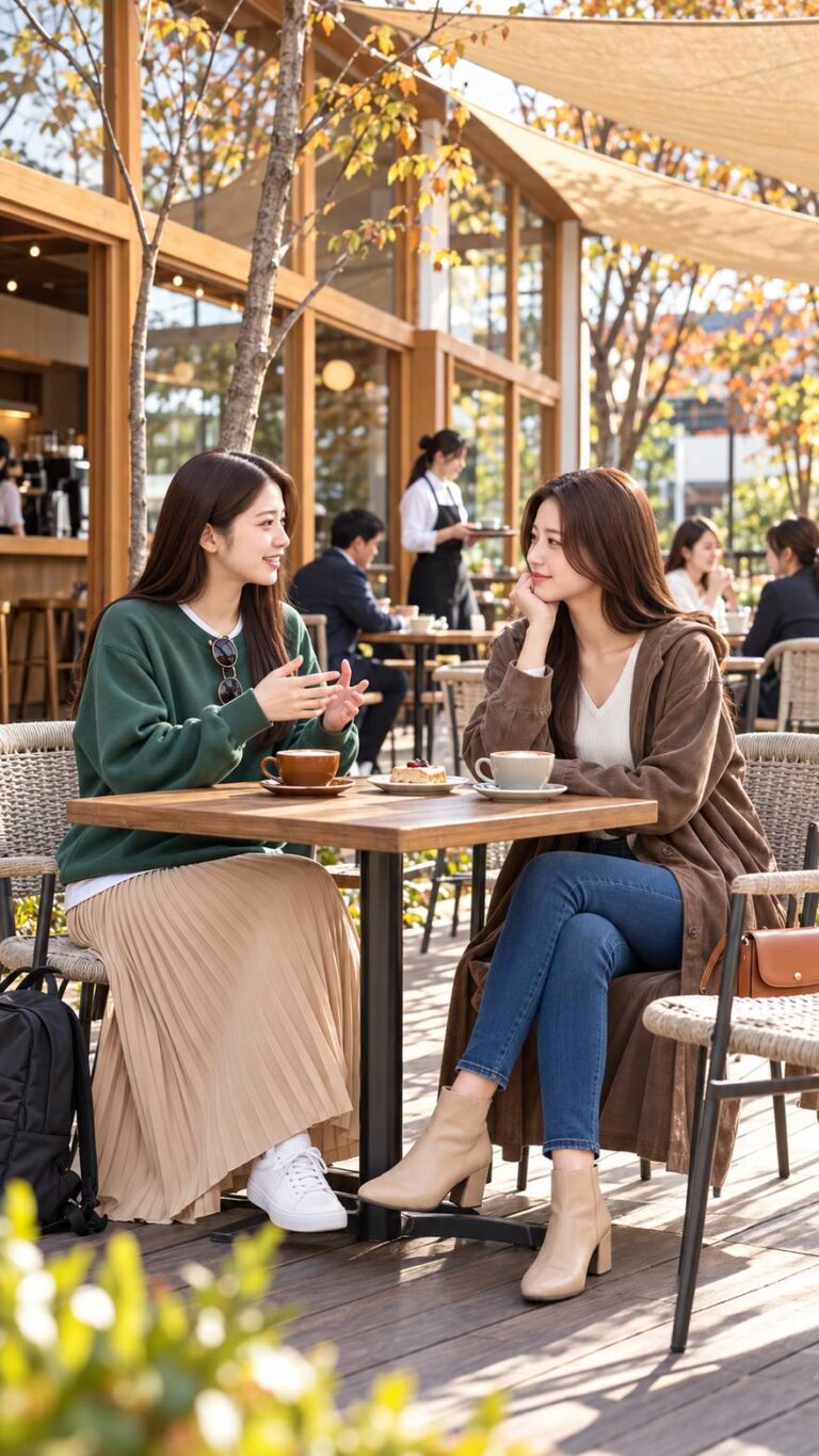 秋の街のカフェテラスで話す真白と和奏（AI生成画像）