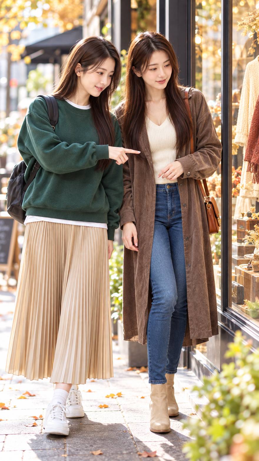 秋コーデで街を歩く真白と和奏。真白はグリーンのスウェットとプリーツスカート、和奏はブラウンのロングシャツとデニム（AI生成画像）