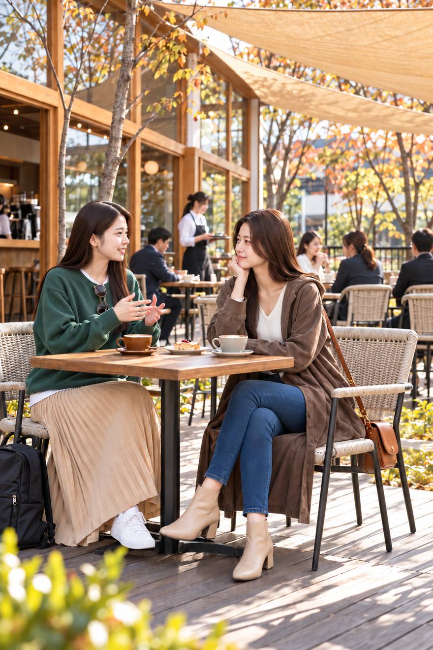 テラス席でコーヒーを前に話す真白と和奏（AI生成画像）