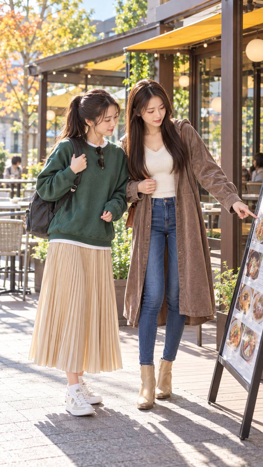 カフェのメニューボードを見る真白と和奏（AI生成画像）